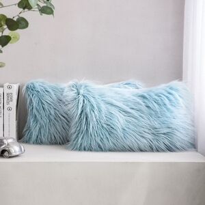 Light sky blue shaggy fur decorative throw pillow x 2